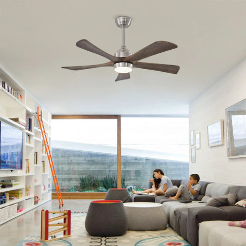 Neojoyoenix 42" 5PCS Solid Wood Blades Ceiling Fan with Lights Remote Control in a modern living room setting.
