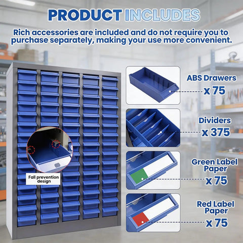 Heavy Duty 75 Drawer Parts Cabinet With Stainless Steel Frame And ABS Drawers, Bolt Bin Organizer