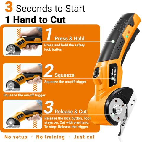 Heavy Duty Cordless Electric Scissors With Led Work Light And Safety Lock, Rechargeable 4V Box Cutter instructions on usage.