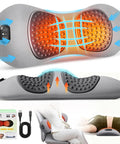 Ergonomic 3-In-1 Lumbar Support Pillow With Triple Fusion Back Massager And Heat For Sciatica Pain Relief showing heating and vibration features.