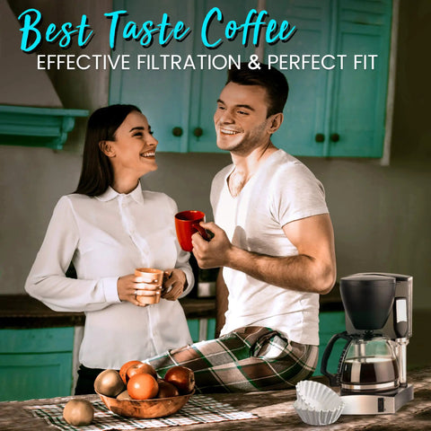 Couple enjoying coffee with Large 8 To 10 Cup Coffee Filters Decanter Style White Disposable Eco Friendly Commercial Paper Basket