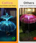 Lit Jellyfish Solar Lights Outdoor Garden 3 Pack Waterproof Color Changing Yard Decor with star and moon accents, blue double layer shape.