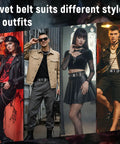 Models wearing Dope Rivet Belt With Pyramid Studs For Men And Women Gothic Punk Style Black Belt with various outfits