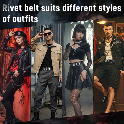 Models wearing Dope Rivet Belt With Pyramid Studs For Men And Women Gothic Punk Style Black Belt with various outfits