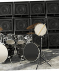 Folding Snare Drum Stand With Adjustable Height Tripod Base Heavy Duty Black Steel Practice Rack in front of a drum set.