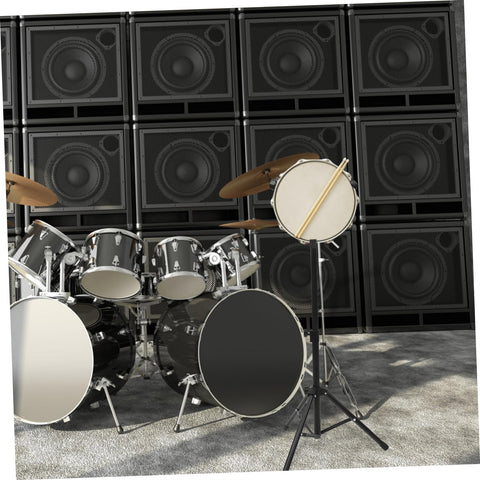 Folding Snare Drum Stand With Adjustable Height Tripod Base Heavy Duty Black Steel Practice Rack in front of a drum set.