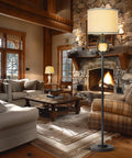 Vintage Industrial Floor Lamp With Linen Shade, Tall 63.5 Inch Standing Lamp in cozy living room with fireplace