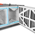 Remote Controlled Air Filtration System With Three Speed Settings And RF Remote Delivers Up To 400 CFM Includes 1 Micron Filter And 5 Micron Pre Filter Black For Large Rooms Up To 400 Sq Ft, showing open pre-filter panel