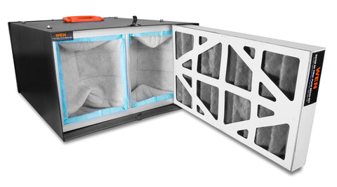 Remote Controlled Air Filtration System With Three Speed Settings And RF Remote Delivers Up To 400 CFM Includes 1 Micron Filter And 5 Micron Pre Filter Black For Large Rooms Up To 400 Sq Ft, showing open pre-filter panel