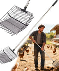 Beefy Heavy Duty Chicken Poop Scooper With Adjustable Long Handle And Stainless Steel Sifter Shovel in use in poultry run