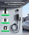 Level 2 EV Charger With 40A NACS, 25Ft Extension Cord, WiFi Smart App, 240V NEMA 14 50 Plug, Works With All Tesla Models S X 3 Y, UL ETL FCC Certified, Safe Fast Home Charging For Your Ride. Wall-mounted EV charger next to a car in driveway.