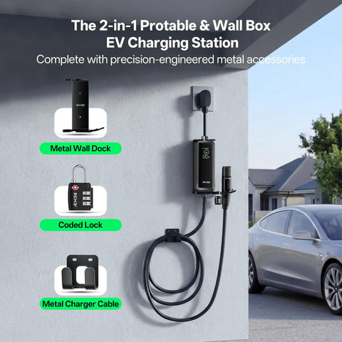 Level 2 EV Charger With 40A NACS, 25Ft Extension Cord, WiFi Smart App, 240V NEMA 14 50 Plug, Works With All Tesla Models S X 3 Y, UL ETL FCC Certified, Safe Fast Home Charging For Your Ride. Wall-mounted EV charger next to a car in driveway.