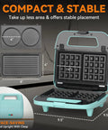 Bakers Friend Three In One Mini Waffle Maker With Swap Plates For Pancakes Grilled Cheese & Steak Indoor Grill Compact Breakfast Press Aquamarine showing swap-in plates and compact design.