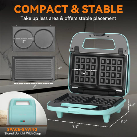 Bakers Friend Three In One Mini Waffle Maker With Swap Plates For Pancakes Grilled Cheese & Steak Indoor Grill Compact Breakfast Press Aquamarine showing swap-in plates and compact design.