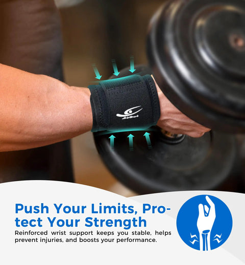 Arm lifting a dumbbell wearing Dual Pack Wrist Compression Straps For Pain Relief And Support, Adjustable Wrist Wraps.