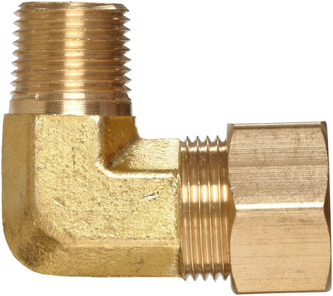 Brass 90-degree elbow compression fitting: 5/16-inch compression to 1/4-inch male pipe