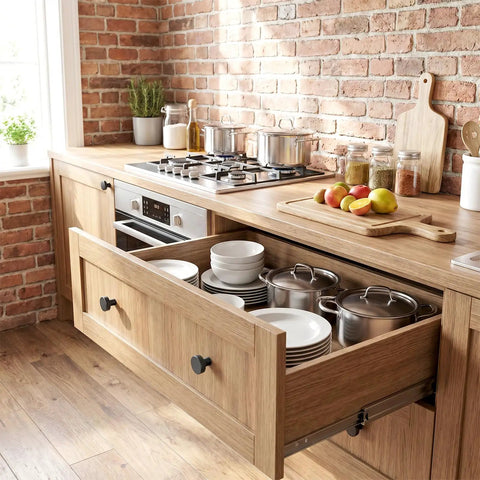 Kitchen with wooden cabinets featuring Two Pack Black Cabinet Knobs And Drawer Pulls For Kitchen Dresser And Closet Doors Round Pulls With Easy Install Includes Screwdriver Bifold Door Compatibility Sleek Matte Black Finish.