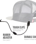 Travel Hat Clip With Adjustable Cap Retainer For Hiking Fishing Boating And Outdoor Adventures Lightweight 9 Inch Braided Cord Keeps Hats Secure No Fuss On Baseball Caps And Snapbacks Without Slipping Or Dropping, shown with tough clips and rubber adjuster.