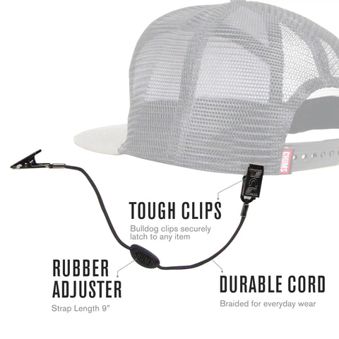 Travel Hat Clip With Adjustable Cap Retainer For Hiking Fishing Boating And Outdoor Adventures Lightweight 9 Inch Braided Cord Keeps Hats Secure No Fuss On Baseball Caps And Snapbacks Without Slipping Or Dropping, shown with tough clips and rubber adjuster.