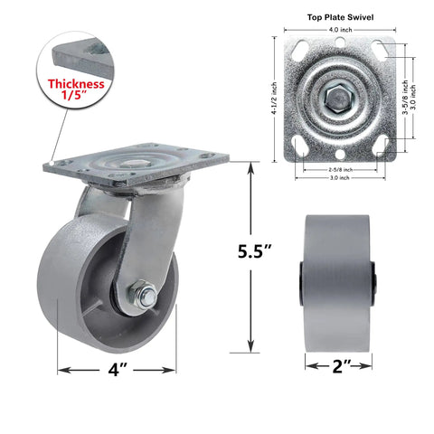 Heavy Duty Steel Caster With Cast Iron Wheel For Tool Box And Workbench, Swivel Caster 800 Pound Capacity, Four Inch Wheel, Zinc Plated Yoke