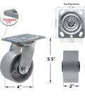 Hella Tough Heavy Duty Steel Casters Rock Solid Rolling Cart Wheels For Tool Boxes And Shop Benches Set Of Four with 5.5 inch height and 4 inch diameter.