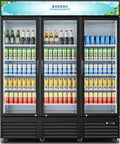 Real Deal 53 Cu Ft Three Door Commercial Display Refrigerator For Bodegas Beverage Merchandiser Cooler showing beverages on shelves