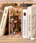 DIY 3D Wooden Book Nook Kit For Adults, Teens, And Beginners displayed on a shelf, tiny house decor between books, real wood puzzle