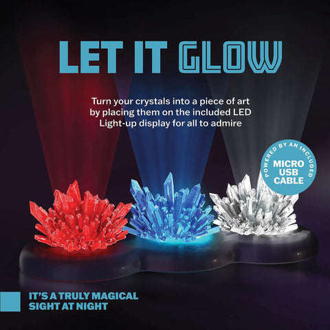 Glow In The Dark Crystal Growing Kit For Kids Ages Eight To Twelve With LED Light Up Display red blue white crystals on USB base