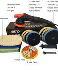 Dual Action Orbital Car Polisher with 5 and 6 inch pads, microfibre towel, and accessories for auto detailing, eliminates swirls and paint defects