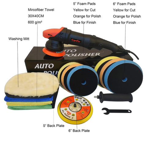 Dual Action Orbital Car Polisher with 5 and 6 inch pads, microfibre towel, and accessories for auto detailing, eliminates swirls and paint defects