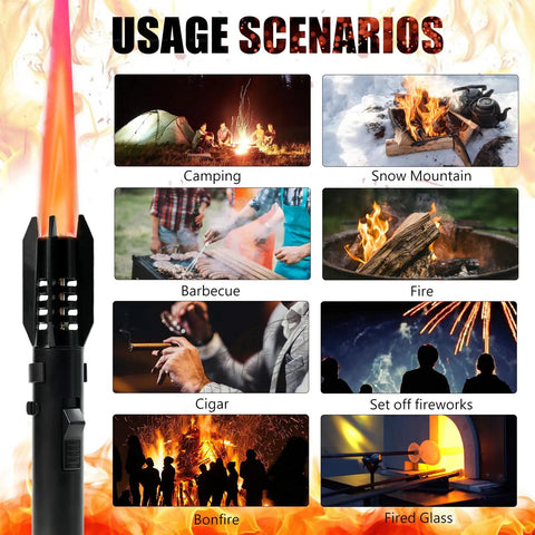 Campfire Ready Torch Lighter With Jet Flame Windproof Refillable Adjustable Flame And Safety Lock for diverse outdoor uses.