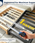 Queen Size Bunkie Board Gray 10mm Low Profile Base For 60X80 Inch Mattresses with measuring tape on bed frame slats.