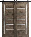 Cognac Oak Frosted Glass Double Sliding Barn Door With Solid MDF Core, 84 To 96 Inch Wide, 13 Foot Black Rail Hardware Included