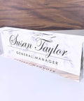Personalized Desk Name Plate With White Marble Look On Clear Acrylic, Custom Name And Title, Engraved Office Sign