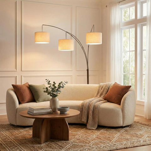 Trilage Arc Floor Lamp with Three Fabric Shades and LED Bulbs for a Lit Living Room Over Sofa Reading Area Multi Head Tree Style