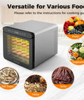 Top Tier Food Dehydrator With Seven Sturdy Stainless Steel Trays And No Sweat One To Twenty Four Hour Timer For Smooth Quiet Jerky Fruit Veggie Herb Treat Drying, showing finished fruits, veggies, jerky, and herbs.