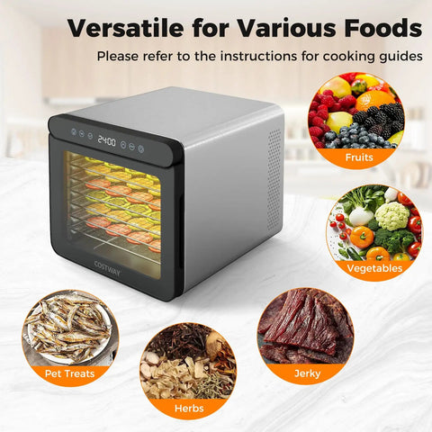 Top Tier Food Dehydrator With Seven Sturdy Stainless Steel Trays And No Sweat One To Twenty Four Hour Timer For Smooth Quiet Jerky Fruit Veggie Herb Treat Drying, showing finished fruits, veggies, jerky, and herbs.