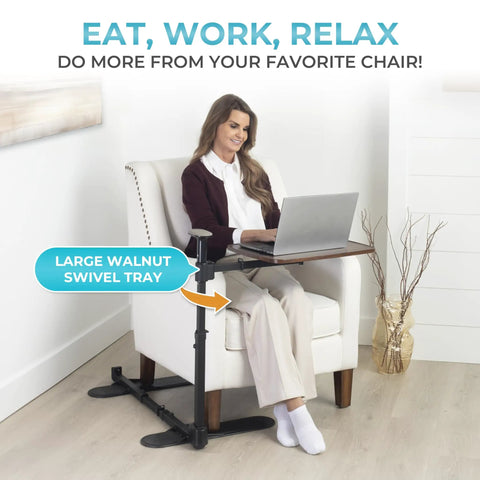 Wonder Tray Plus Adjustable Recliner Swivel TV Tray With Easy Grip Standing Handle For Seniors And Older Folks Walnut Laptop Desk