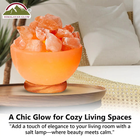 Natural Pink Salt Lamp Bowl With Crystal Chunks For Air Purification And Calming Ambiance, Hand Carved Himalayan Salt Light