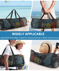 Collage of Oversized Mesh Dive Bag Duffle For Scuba Gear With Shoulder Strap And Carabiner, 37 By 15 By 15 Inches, at the beach.