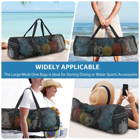 Collage of Oversized Mesh Dive Bag Duffle For Scuba Gear With Shoulder Strap And Carabiner, 37 By 15 By 15 Inches, at the beach.