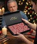 Gift box with 35 Pack Magnetic Toolbox Labels Set For Tool Chests And Drawers, red mechanic labels, Christmas setting
