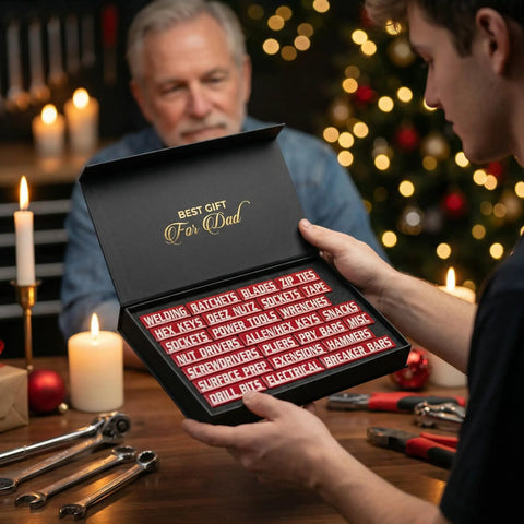 Gift box with 35 Pack Magnetic Toolbox Labels Set For Tool Chests And Drawers, red mechanic labels, Christmas setting