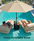 Tough As Nails 90lb Water Filled Patio Umbrella Base With Built In Ice Cooler 3 In 1 Outdoor Table by poolside with sunbathers.