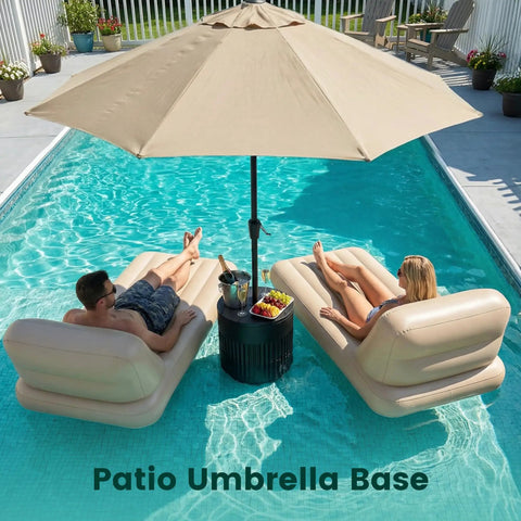 Tough As Nails 90lb Water Filled Patio Umbrella Base With Built In Ice Cooler 3 In 1 Outdoor Table by poolside with sunbathers.