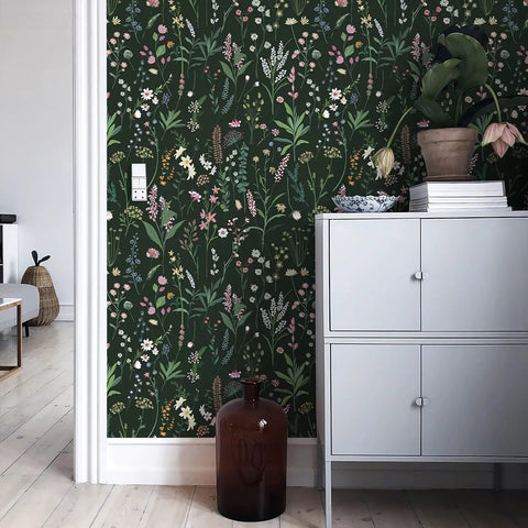 Floral Peel And Stick Vinyl Wallpaper For Kitchen Cabinets And Furniture in room, dark background, vintage flowers, PVC material