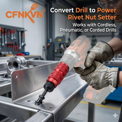 Worker using Rivet Nut Drill Adapter Kit Three Eighths Inch Power Setter For Drills on metal surface in workshop