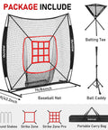 7x7 Ft Baseball And Softball Hitting And Pitching Net With Strike Zone Tee Ball Caddy And Durable 7 Ply Knotless Netting Heavy Duty Steel Base Built To Take Hard Hits For Kids Teens And Adults Practice, showing net dimensions and included accessories.