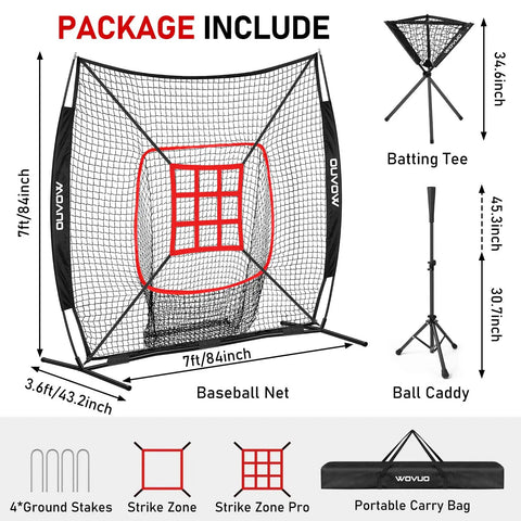 7x7 Ft Baseball And Softball Hitting And Pitching Net With Strike Zone Tee Ball Caddy And Durable 7 Ply Knotless Netting Heavy Duty Steel Base Built To Take Hard Hits For Kids Teens And Adults Practice, showing net dimensions and included accessories.