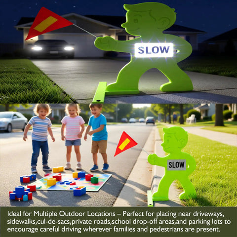 Kid Alert Street Safety Sign 31 Inch Green Caution Sign For Neighborhoods And Schools, Slow Down Kids At Play With Reflective Slow Sticker And Warning Flag, High Visibility Safety Sign placed outdoors near children playing.